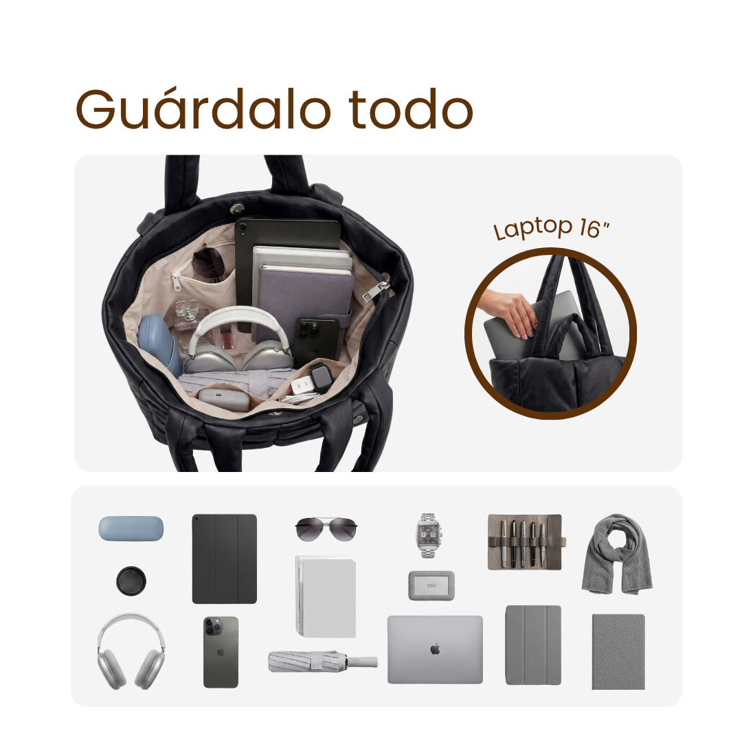 Interior del bolso tote bag acolchado negro Ellora con portátil de 16" y accesorios