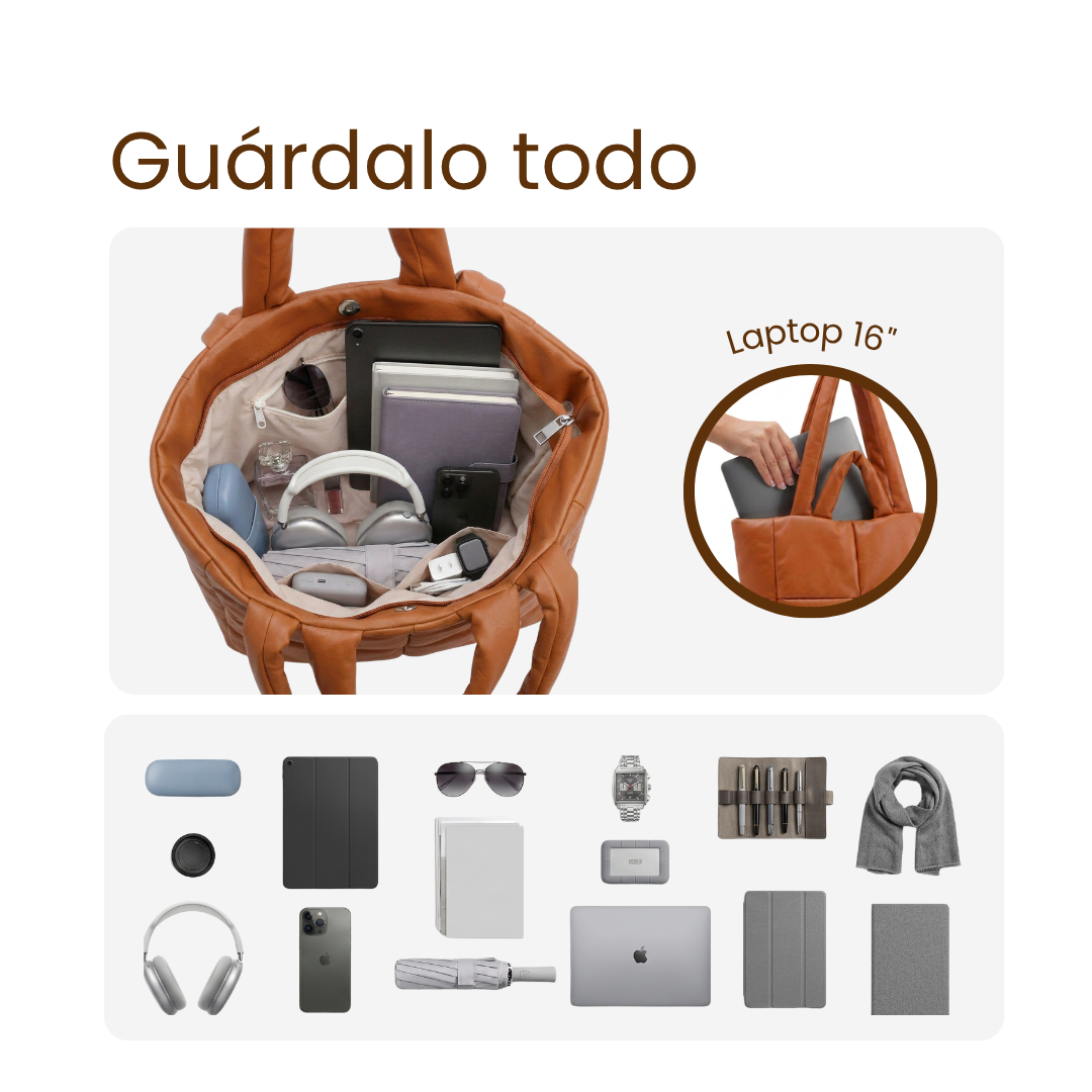 Interior del bolso tote bag acolchado camel Ellora con portátil de 16" y accesorios