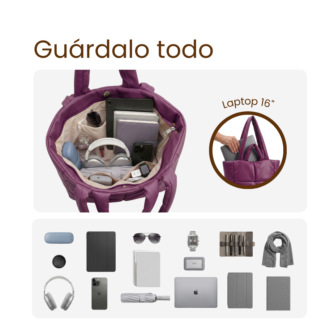 Interior del bolso tote bag acolchado burgundy Ellora con portátil de 16" y accesorios