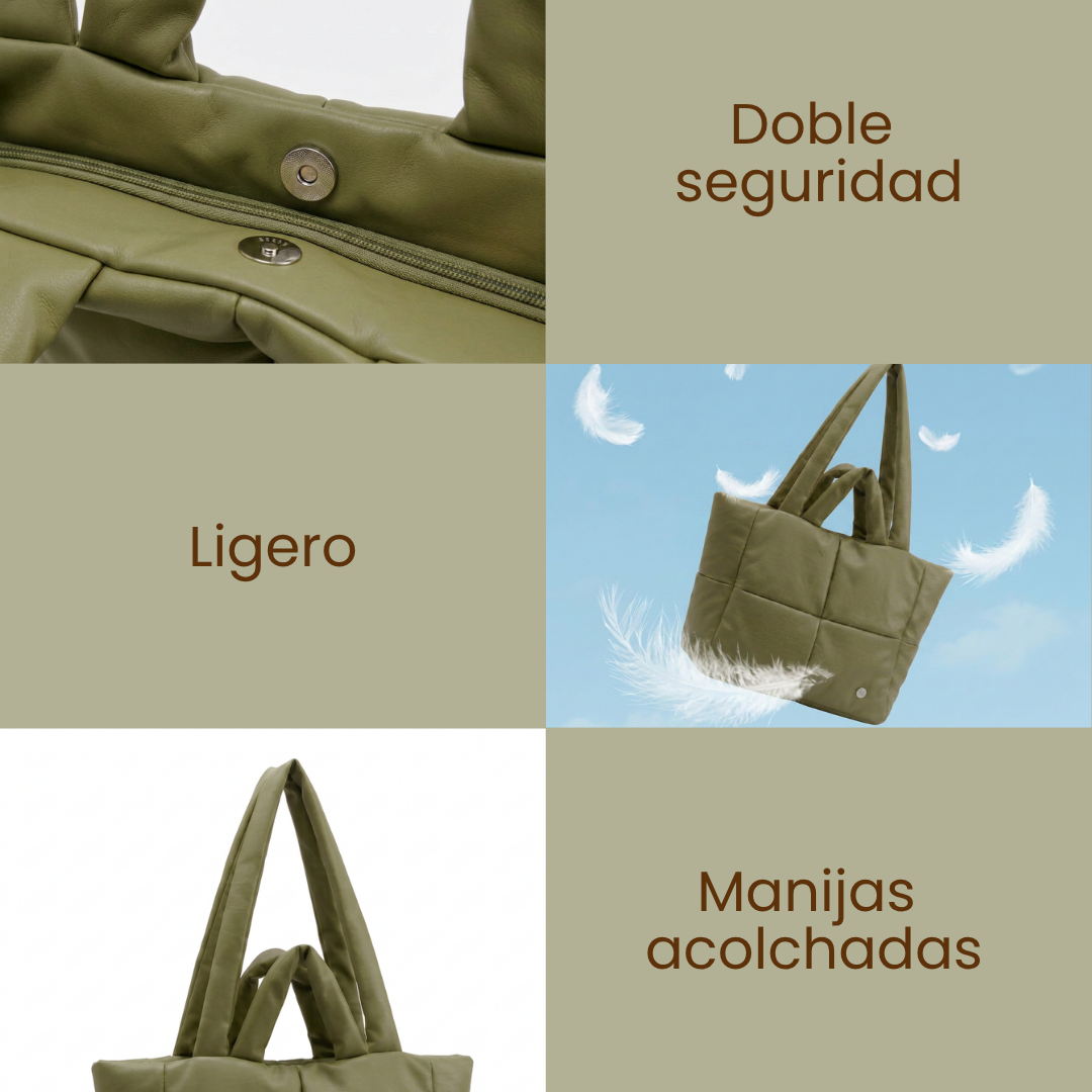 Detalles del bolso tote bag acolchado oliva Ellora: cierre con imán y manijas acolchadas